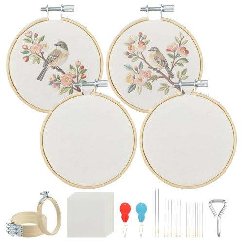 MARRTEUM 4Pcs 3 Inch Embroidery Hoop Set, Comes with Metal Screw + 2 Threader + 4 Fabrics + 16 Multi Size Needles for All Stitching Techniques, Solve Fabric Slippage, Threading Hassles, Saves Time