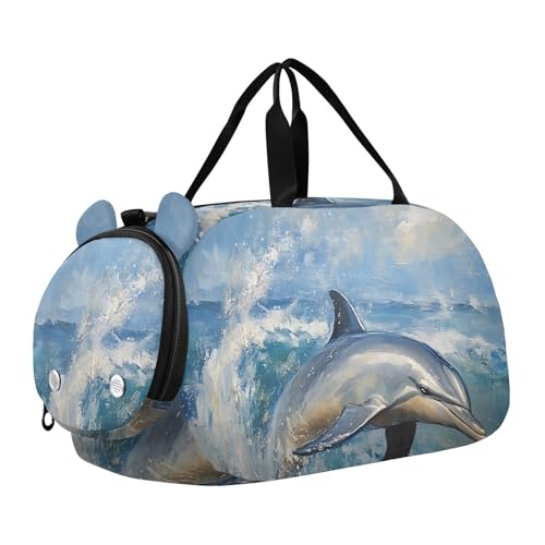 Flradish Dolphins Kids Overnight Duffle Bag,Gymnastics Sports Dance Bag with Shoe Compartment & Wet Pocket, Travel Weekender Tote for Boys & Girls