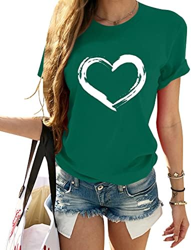 HERLOLLYCHIPS Women Cute Heart Graphic Crewneck Short Sleeve Regular Fit Casual Tee T-Shirts Tshirt Tops (Deep Green, Small)