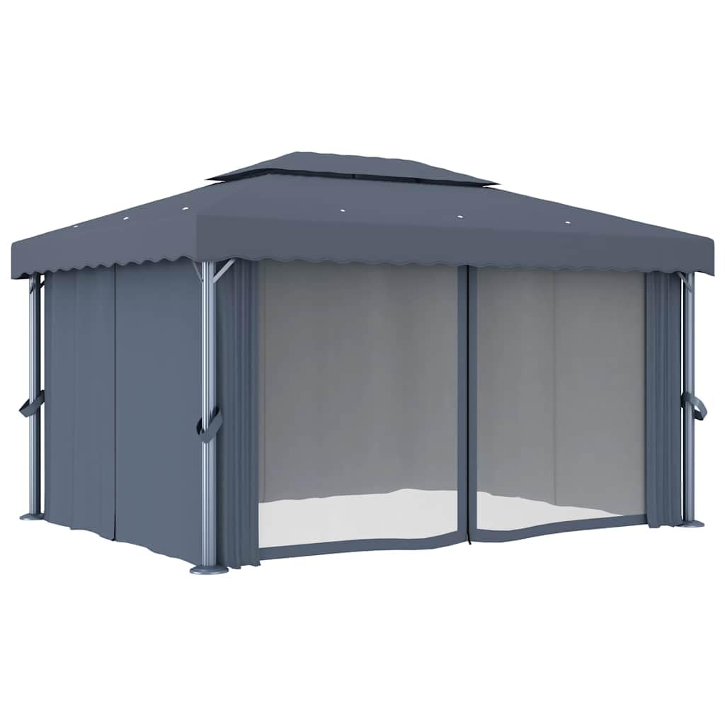 Pawilon ogrodowy, antracyt, 4 x 3 m, z zasłoną i moskitierą, aluminiowa rama z rur stalowych malowanych proszkowo, 2-piętrowy dach poliestrowy z powłoką PA, łącznie z hakami