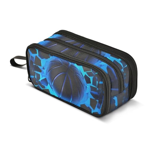Image of 3d Basketball Blue Lighting Pencil Case Box Boys Girls Large Pencil Pouch with Zipper Compartments Big Capacity Stationery Pen Bag Organizer for Kids Teens Adults School