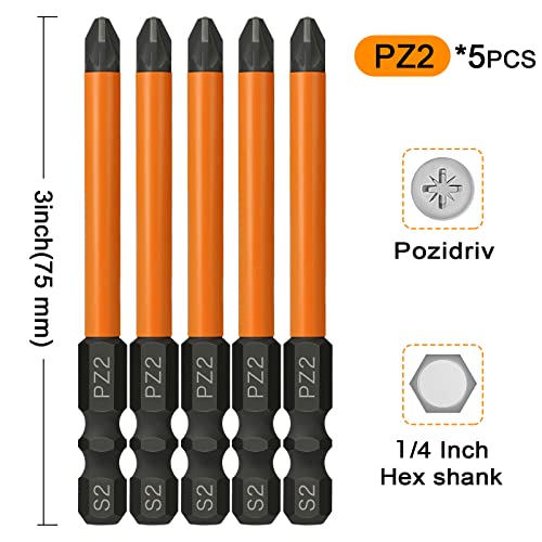 Lattook Pozidriv Phillips Screwdriver Bit Set, 5Pcs 1/4'' Hex Shank S2 Steel With Magnetic For Power Screwdriver Drill Impact Driver Tool, Pz2, 3'' Long #TOP1