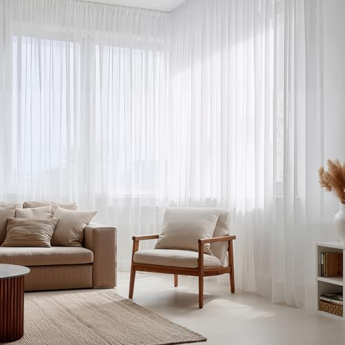 PONY DANCE Rideau Grande Largeur 600x245cm (LxH), Voilage Galon Fronceur et Passe Tringle, Voile Tulle Blanc Transparent Decoration pour Salon Fenetre Chambre...
