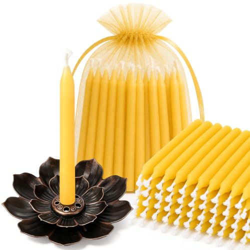 MTLEE 52 Pcs Lotus Incense Burner with 20 Minute Meditation Bees Wax Candles Bulk 2.36'' Mini Chime Taper with Lotus Incense Holder and Organza Bag for Prayer Yoga Return Gift(Black)