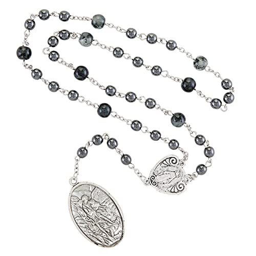 Saint Michael Chaplet with Recitation Instructions Hematite Pearl 6mm bead rosary and Tri-fold Prayer Card, Gray, One-Size
