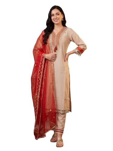 Image of INDO ERA Women's Silk Blend Embroidered Sequinned Kurta & Pant with Dupatta Set (IEAI13251)|Kurti Set For Woman