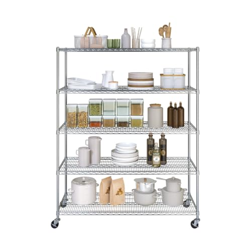 Image of Seville Classics UltraDurable Heavy Duty NSF Solid Steel Wire Rack Storage Unit Wheels, 5-Tier Shelving, 60" W x 24" D