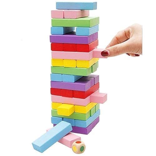 HERBASTRY 54 Pcs Printed Educational Wooden Stacking Tumbling Tower Blocks Toys, Building Blocks for Kids with Dice -Multi 4