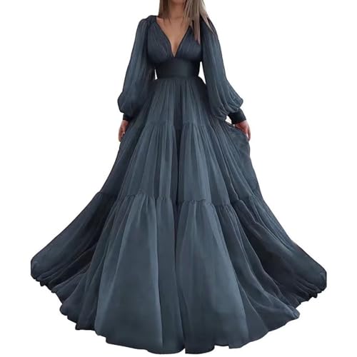 UUH Tulle Long Puffy Sleeve Prom Dresses for Teens Deep V Neck Ruched Formal Evening Gowns for Women Navy Blue 0