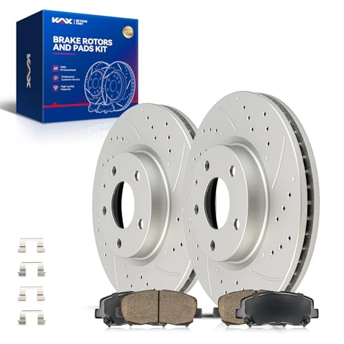 Image of KAX Front Brake Kit, Drilled and Slotted Brake Rotors, Ceramic Brake Pads | Fits Mazda CX-5 2013 2014 2015 2016 2017, Automotive Replacement Brake Kit