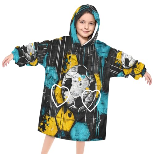 Wearable Blanket Hoodie for Kids, Sports Footballs Fleece Sweatshirt Blanket Modern Football Oversized Blanket Sweatshirt with Pocket Flannel Warm Hooded Blanket 6-10 Year Old Girl Boy Gift, One Size