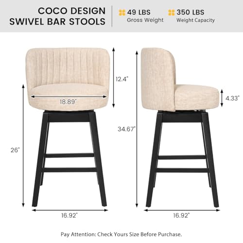 Image of COCO DESIGN 26 inch Cream Swivel Counter Height Stools Set of 4 with Wood Legs | Mid Century Modern Style, Smooth Swivel Design, Velvet Upholstered Seat, Sturdy Solid Wood Legs, Counter Height For Island
