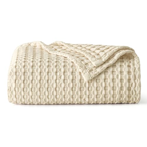 Image of Bedsure Cooling Cotton Waffle Throw XL Blanket - Lightweight Breathable Blanket of Rayon Derived from Bamboo for Hot Sleepers, Natural, 50x70 Inches