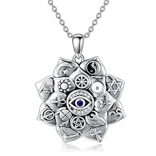 Image of PROESS Coexist Lotus Flower Necklace 925 Sterling Silver Evil Eye Pendant Spiritual Protection Religious Jewelry Gifts for Women