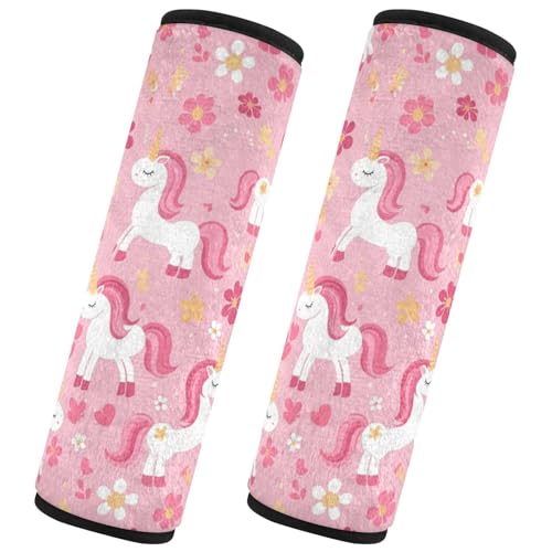 Seat Belt Covers 2 Pack Cute Pink Unicorns Car Seat Strap Covers Super Soft Flowers Car Seat Neck Cover for Boys Girls Adults Babies M