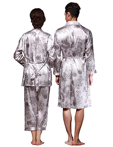 Image of ZUEVI Men's Kimono Robe Silk Satin Long Sleeve Spa Bathrobe Lightweight Soft Silky Pajamas Robes