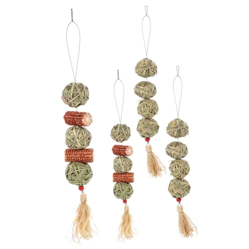 QUMIIRITY 4個 草編球掛けおもちゃ 小動物用噛む うさぎ ハムスター モルモット対応 天然素材 歯の健康維持 ストレス解消用