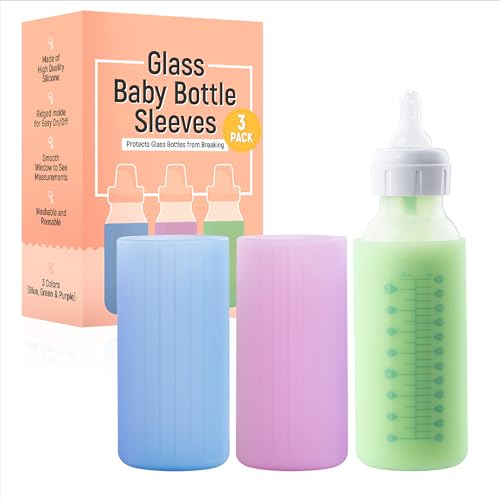 Image of Impresa Silicone Feeding Bottle Covers for Baby - Compatible with Dr Brown Narrow Neck Glass Bottles - 3-Pack Multicolor 8 Oz - Glass Sleeves with Measurement Window & Textured Grip