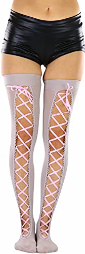 Image of ToBeInStyle Women's Lace Up Back Seam Tights Sheer or Opaque Hosiery Stockings Crisscross Lace Ribbon Zigzag Design