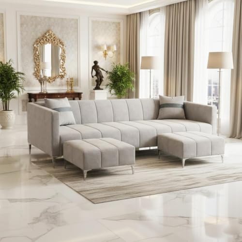 Image of Solomon 6 Seater L Shape Sofa Set with 2 Movable Ottoman | Flexible Left or Right Layout | Luxe Velvet Suede Fabric | Comfortable Seating | Modern Sofa for Living Room - Light Grey