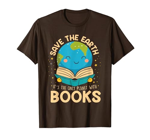 Save Earth It´s Only Planet with Books Reader Earth Day T-Shirt, Men, Brown, Medium