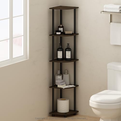 Image of Furinno Turn-N-Tube Storage Shelves, 5-Tier Book Shelf, Corner Shelf, Toolless Open Shelves, for Organization and Storage, Living Room, Home Office, Hallway, Bedroom, Dark Brown Grain