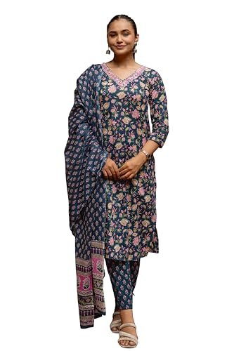 Image of MIRCHI FASHION Pure Cotton Women Straight Printed Embroidery Work Kurti Set with Dupatta and Pant