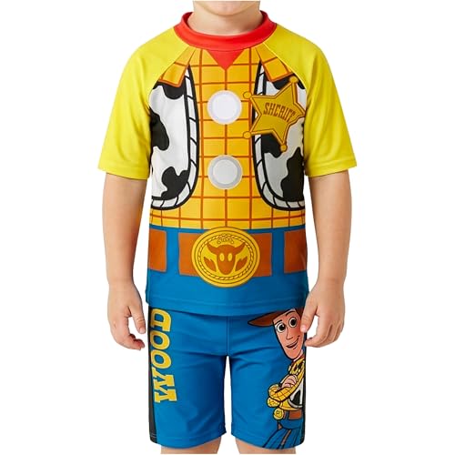 Disney Toy Story Boys Rash Guard & Swim Trunks Two Piece Set Buzz Lightyear Woody Swimsuit Bathing Suit Ages 37 (5-6 Years Multi Woody)