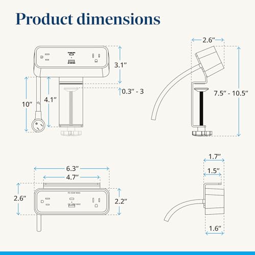 UPLIFT DESK DuoMount Desk Clamp Power Strip – Regleta de escritorio con USB-C y USB-A con cable de 10 pies, soporte de borde para oficina en casa y accesorios para juegos (Blanco) miniatura 5