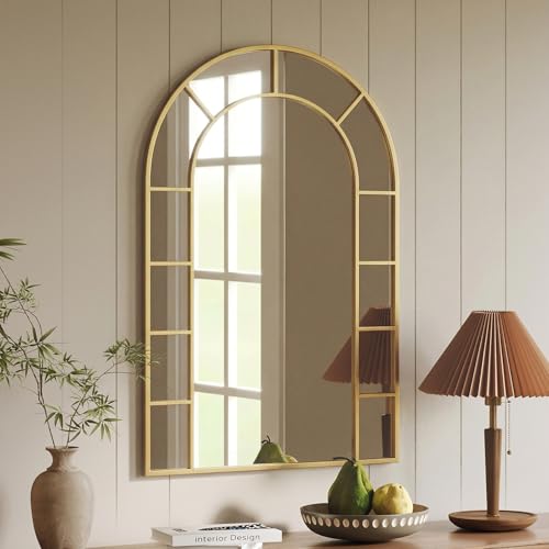 Image of Window Arched Wall Mirror Decor - Farmhouse Gold Arch Mirror for Wall Decor Living Room,Window Pane Frame for Fireplace,Hallway,Dining Room,Entryway, Bedroom,Large 36 inchX24 inch Metal Frame