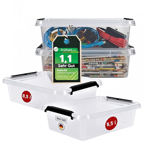 astor24 [Test SEHR GUT, NOTE 1.1] Aufbewahrungsboxen 4x 8.5 L, Aufbewahrungsbox mit Deckel, Aufbewahrung und Organisation, Organizer für Küche Büro Haushalt Schrank Schubladen [MADE IN EUROPE]