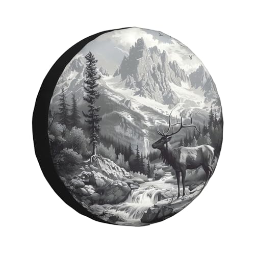 Image of Mountains Lake and Deer Spare Tire Cover Wheel Protectors Weatherproof Deer Pattern Wheel Covers Universal Fit for Trailer RV SUV Truck Camper Travel Trailers Accessories 17 Inch