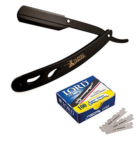 Classic Samurai Cs-102 Stainless Steel Professional Barber Straight Edge Shavette Cut Throat Razor (Matte Black + 100 Lord Blades) #TOP25