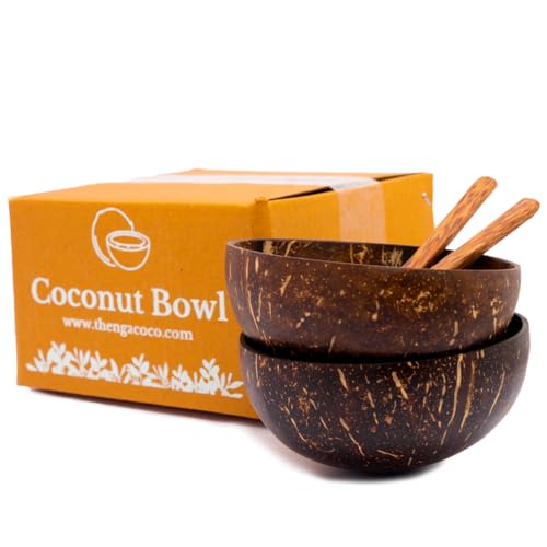Image of Thenga Coconut Shell Bowl + Spoon Set | 500 ML Eco-Friendly Handmade Natural Bowls for Smoothies, Cereals, Salads & Snacks | Toxin-Free Tableware - Pack of 2 with Wooden Spoons