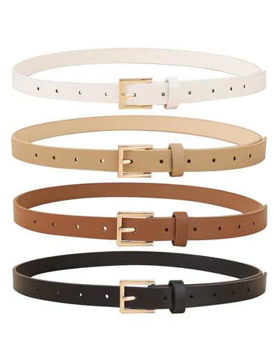 Set of 4 Women Skinny Belts Faux Leather Thin Waist Belt with Gold Buckle for Pants Jeans Dresses Ladies