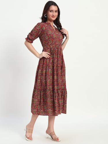 Image of Women's Fit and Flare Dress I Pure Cotton Long Summer Maxi Dress I V-Neck I Casual Wear I Printed Kalamkari Floral Middi