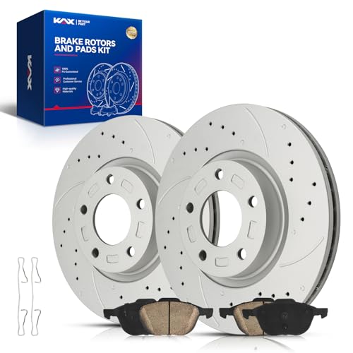 Image of KAX Front Brake Kit, Drilled and Slotted Brake Rotors, Ceramic Brake Pads | Fits Mazda 3 2004-2009 2.3L, Mazda 5 2006-2010 2012, Mazda 3 2010-2013 2.5L, Automotive Replacement Brake Kit