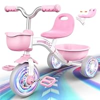 HappyGoLucky Pink Tricycles Toys for 2-5 Year Old Girls Gifts, Balance Bike 2 3 4+ 5 Year Old with 3 Colorful Lighting Wheels & Adjustable Seat, Baby Toddler Kids Cycle Trikes Bike Girls Toys Age 2-5