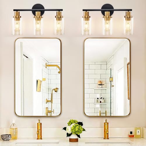 Image of DLLT 3-Light Bathroom Light Fixtures: Black and Gold Modern Vanity Lights with 3 E26 Bulbs - Clear Glass Shade Bathroom Wall Lamp for Mirror Kitchen Living Room Hallway Cabinet Porch