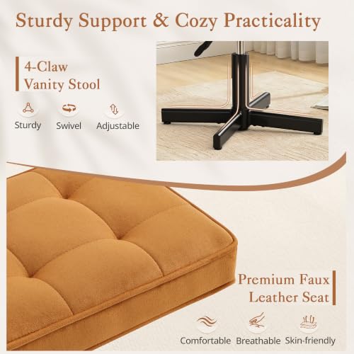 Image of LUE BONA Adjustable Vanity Stool, 15''-19.5'' Foot Rest Under Desk, 360 Swivel Vanity Chair for Makeup Room, Ginger Yellow Upholstered Suede Ottoman for Bathroom & Living Room, 300lbs