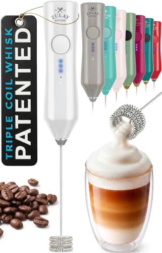 Zulay Kitchen Rechargeable Milk Frother Handheld - Frother Wand, Drink Mixer, Electric Whisk Frother, for Cappuccinos, Matcha & Protein Powder - Dynamic Triple Whisk, 3 Speed 500mAh White