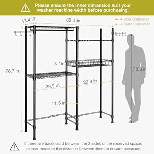 Ulif Clothes Drying Rack, Over Washer and Dryer Laundry Room Bathroom Towel Storage Shelf, Space Saver with Adjustable Shelves, Wire Basket, and Rotatable Hooks, 63.4"L x 13.4"D x 76.7"H, Black Ulif Clothes Drying Rack Over Washer and Dryer Laundry Room Bathroom Towel Storage Shelf Space Saver with Adjustable Shelves Wire Basket and Rotatable Hooks 634L x 134D x 767H Black