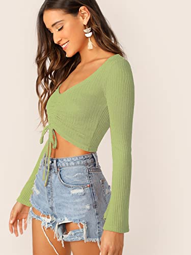 Image of SweatyRocks Women's Adjustable Drawstring String Long Bell Sleeve Rib Knit Sexy Crop Top Light Green M