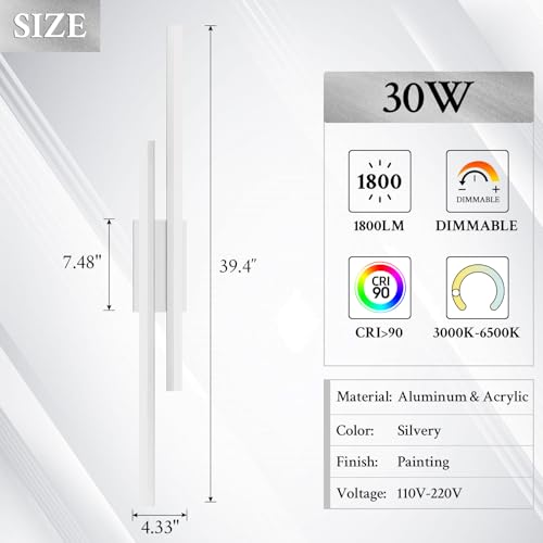 Image of LED Wall Sconce Silver Modern Remote Wall Light Fixtures for Living Room, Dimmable LED Vanity Light Indoor Remote Wall Sconce for Bedside Bedroom Bathroom Dining Room, L39.4inch 1 Pack
