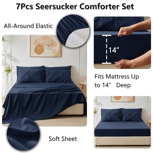 CozyLux King Size Comforter Set Navy Blue, 7 Pieces Pintuck Bed in A Bag Blue Comforter King Size, Pinch Pleat Bedding Set with All Season Comforter, Sheets, Pillowcases & Shams