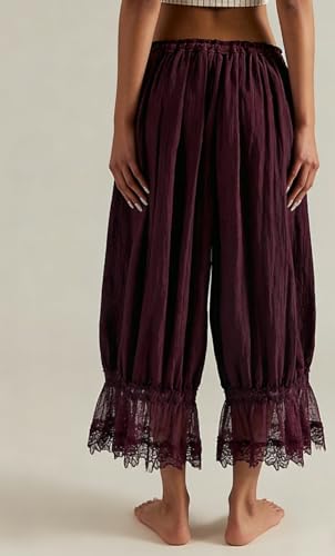 Image of NUFIWI Women Ruffle Long Bloomer Y2k Lace Trim Pettipants Pantaloons Mid Rise Cropped Pajama Pants Under Dress Slips