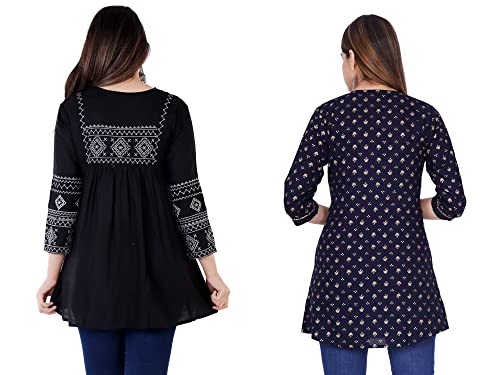 Image of Shiva Fab Short Kurti for Women | Embroidered Straight Rayon Kurta | Round Neck Full Sleeves Short Kurti for Women's Combo Pack of 2