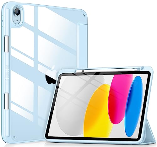 DTTOCASE for iPad 10th Generation Case 2022, 10.9 Inch Case with Clear Transparent Back and TPU Shockproof Frame Cover [Built-in Pencil Holder, Support Auto Sleep/Wake] -Ice Blue
