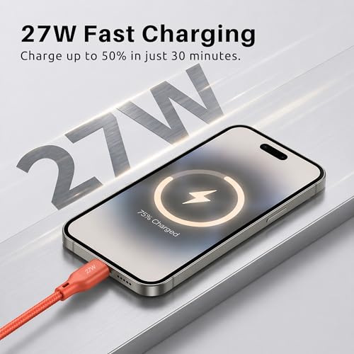 Image of PHILIPS DLC4130LR /94 27W iPhone Original Type-C to Lightning Fast Charging Cable (1m, Coral Reef) | MFi Certified | 480Mbps Data Sync | Nylon Braided | Compatible with iPhone & Other Lightning Devices