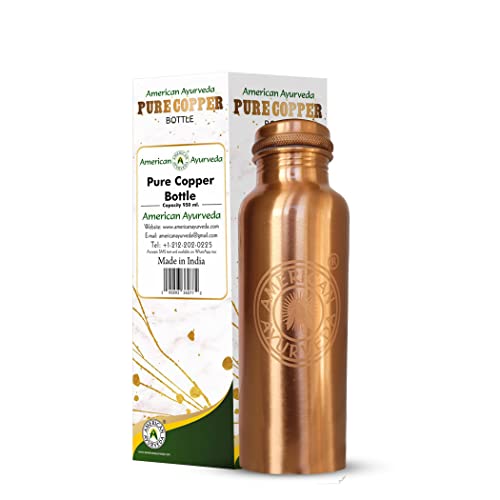 A American Ayurveda 100% Pure Copper Water Bottle for drinking, Jointfree, Leakproof, Natural Ayurveda Health Benefits, Copper bottle, Alkaline Water 600ml (20Oz) Capacity